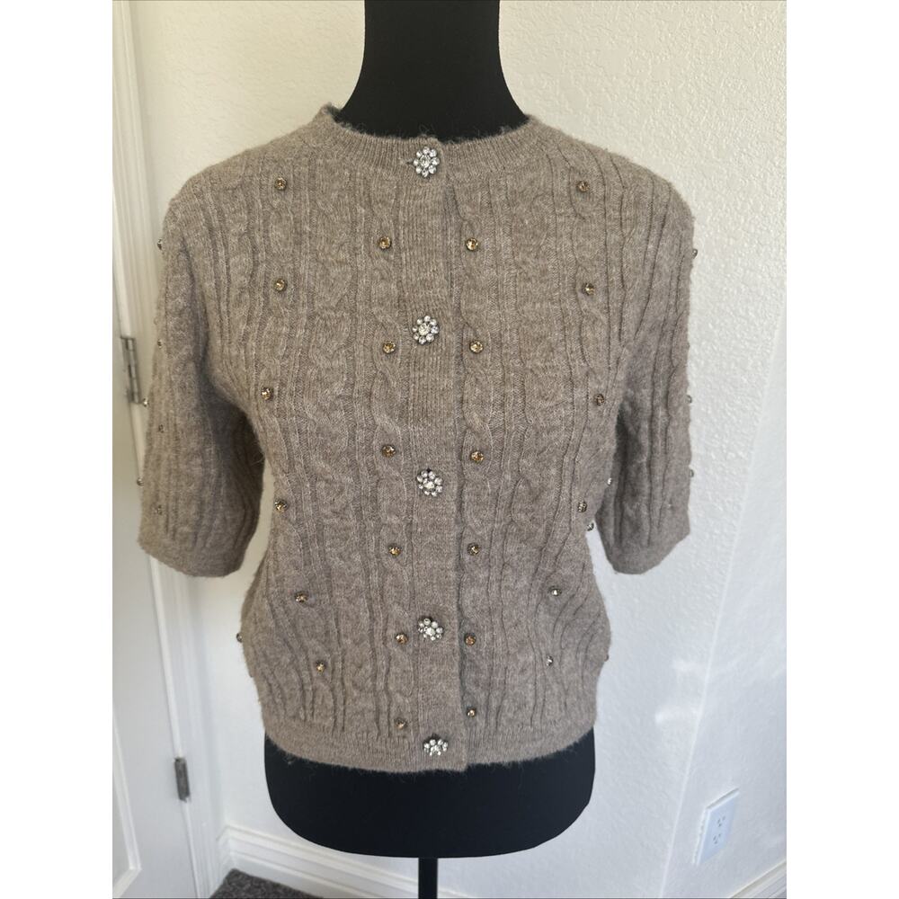 Greige Rhinestones Sweater, Medium, Beige 1/2 Sleeve Gold And Crystal NWT